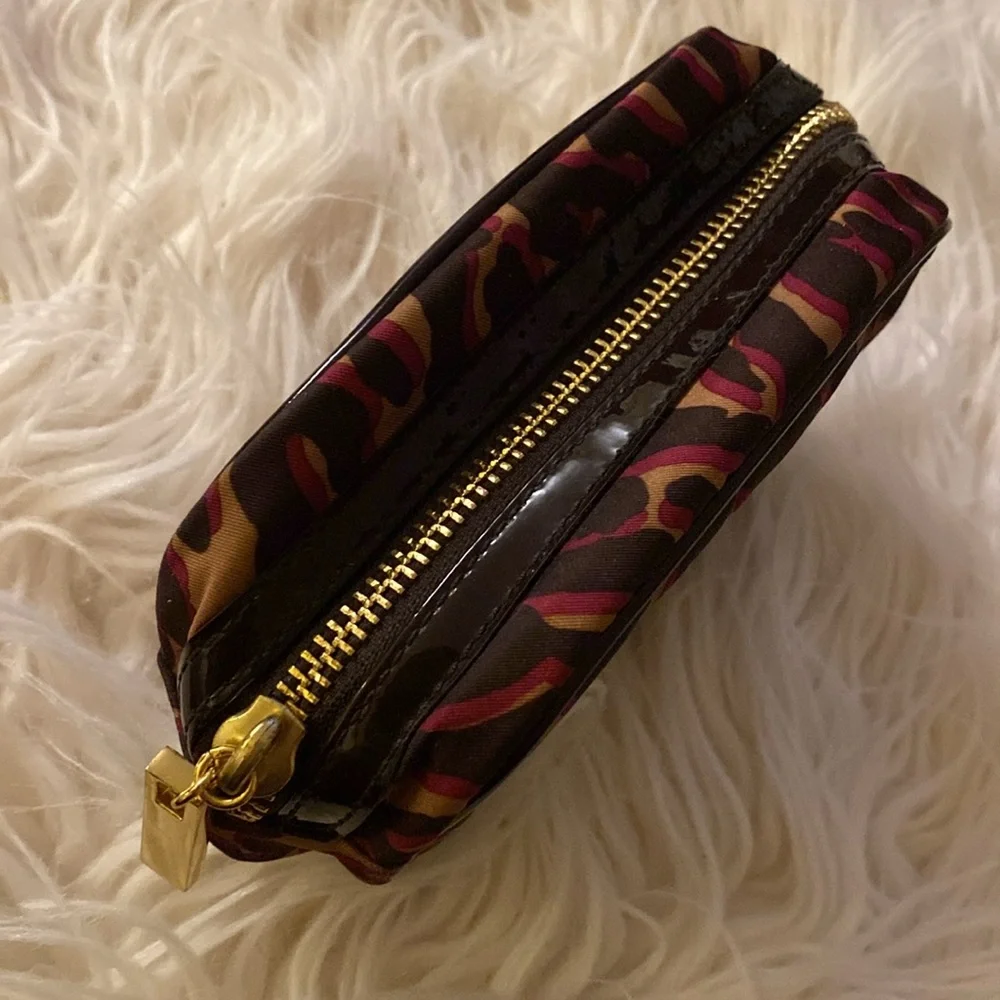 Tory Burch Brown Leopard Print Cosmetic Case with Gold Logo